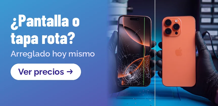 iPhone con la pantalla y la tapa trasera rotas. Aquí lo reparamos en el día